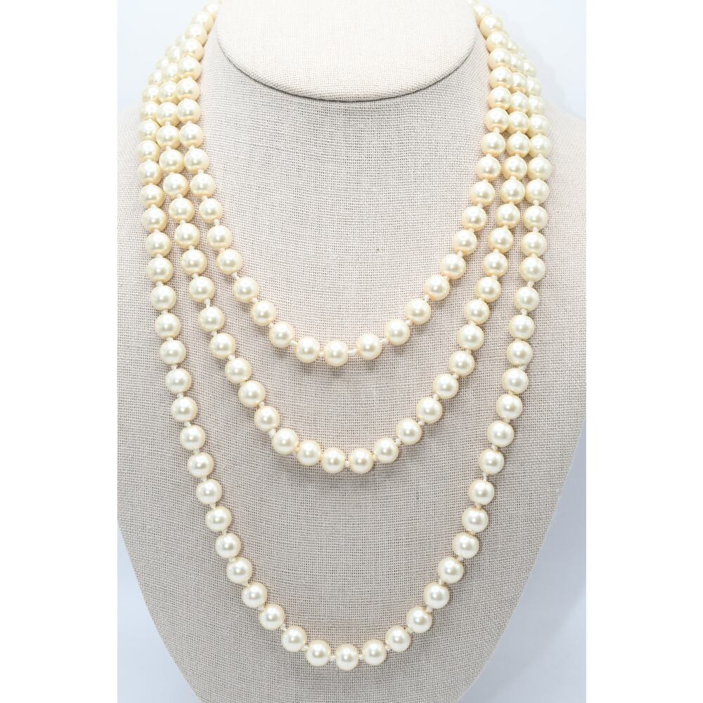 Vintage Glass Pearl Opera Necklace 60” Knotted Ivory 8mm Strand